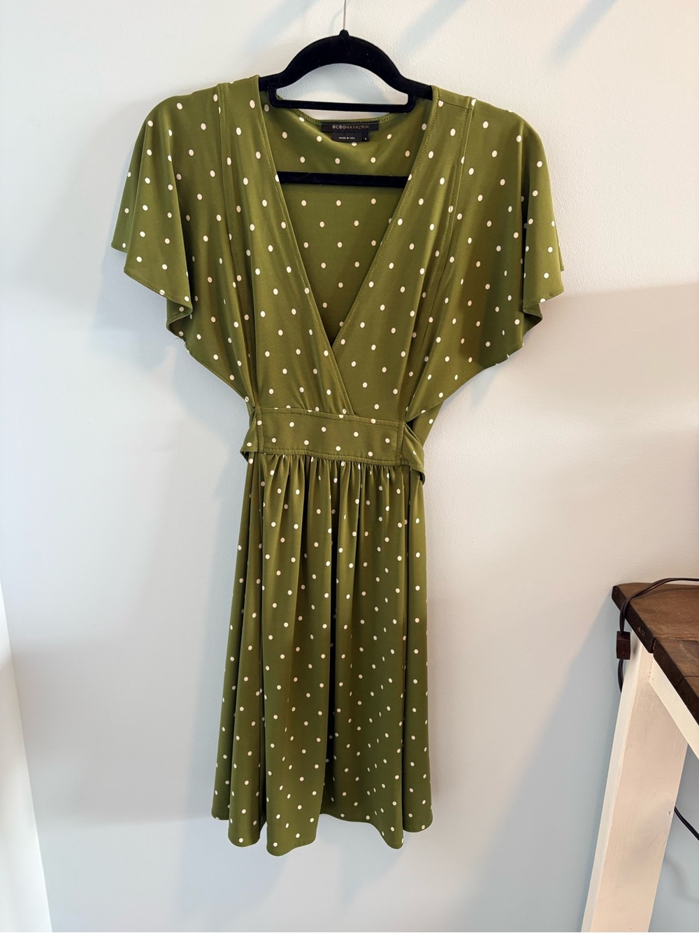 Olive Green Polka Dot Midi Wrap Dress